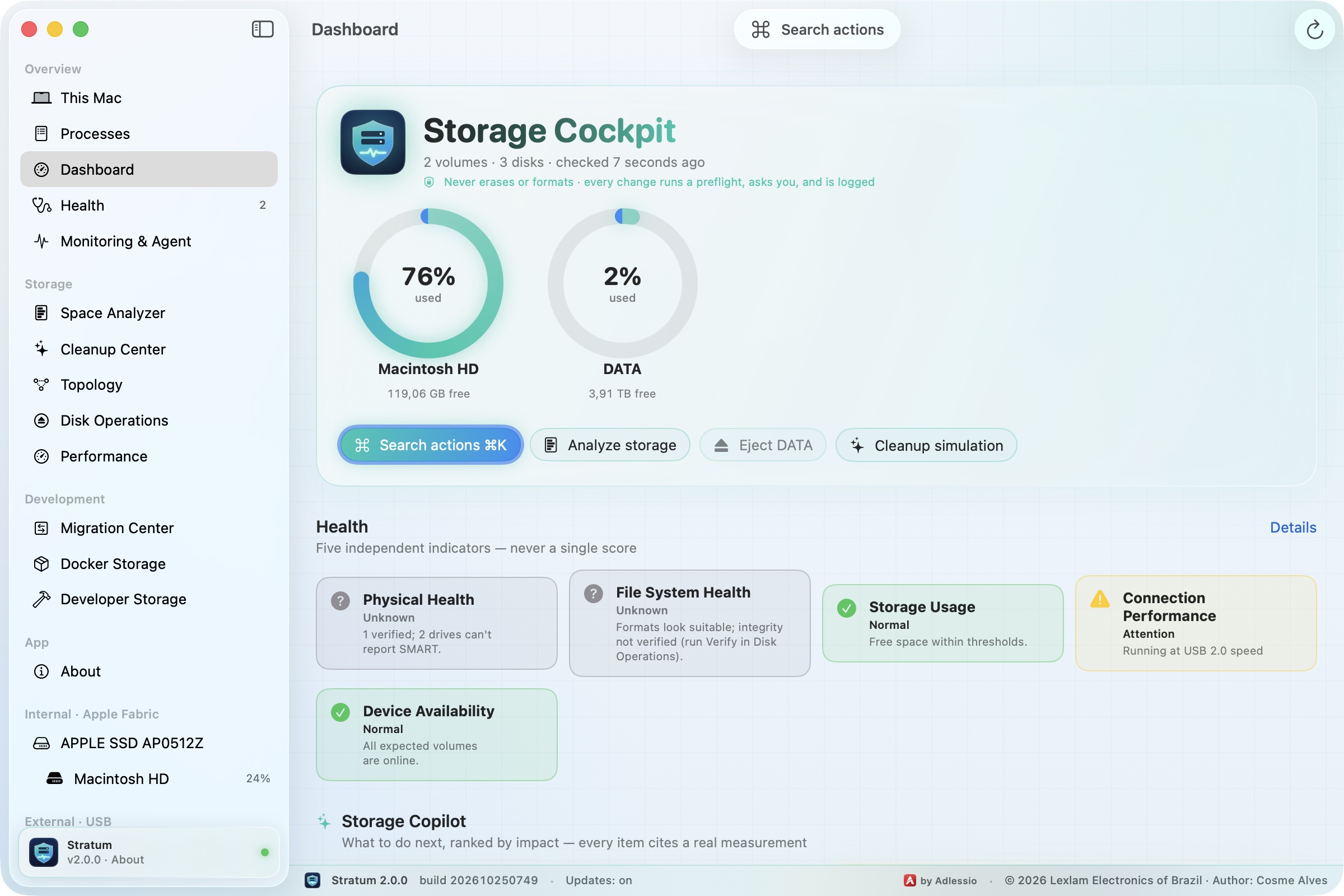 Storage Cockpit do Stratum: uso de cada volume, cinco indicadores de saúde e ações rápidas